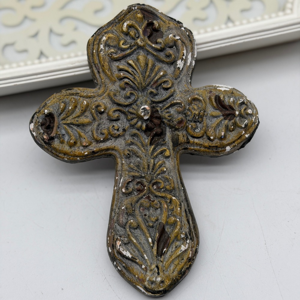 Vintage Style Ornate Wall Cross Distressed Gold Resin Gothic Baroque Decor 7.5in